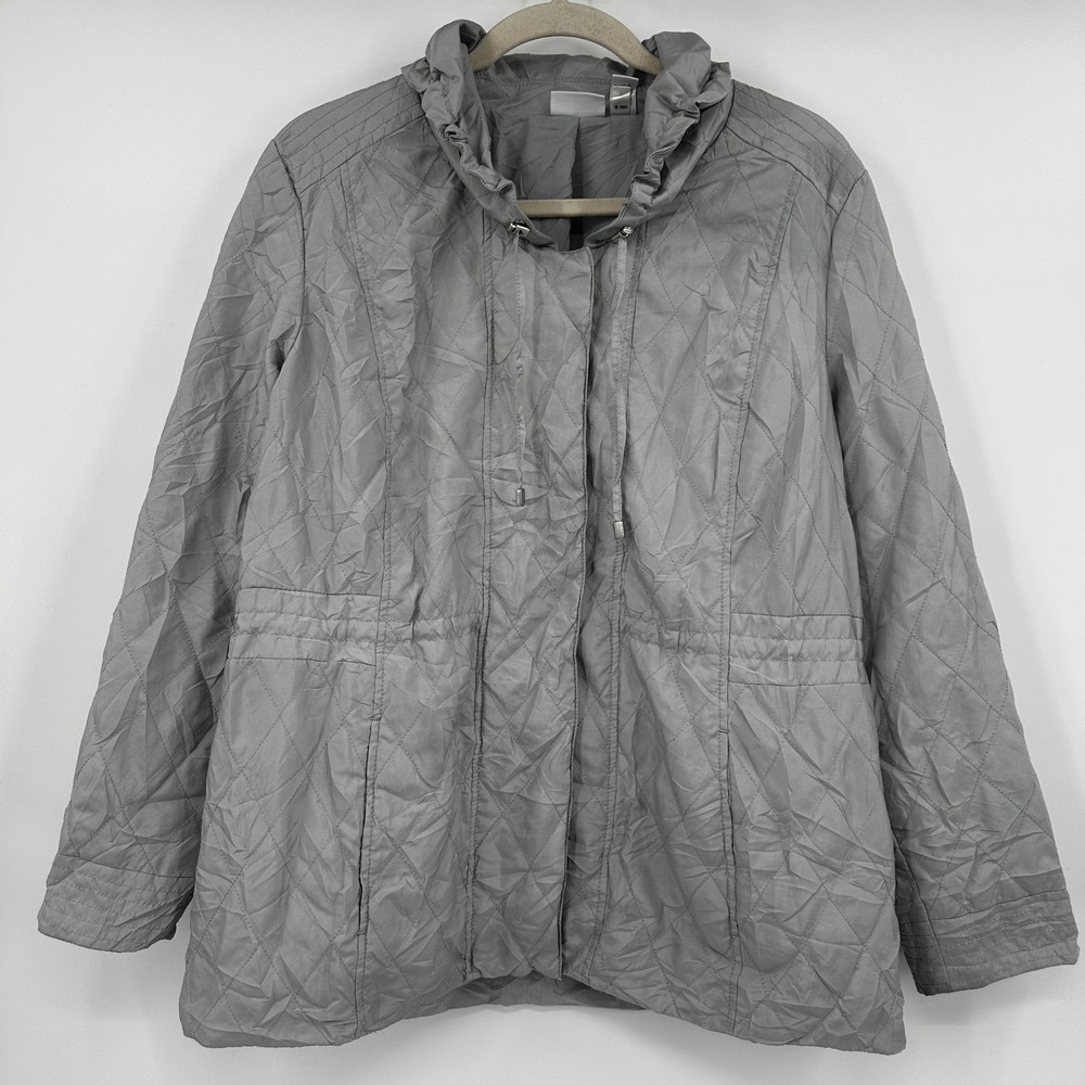 Zenergy‎ by Chicos Gray Quilted Lightweight Jacket Ruffle Collar Size 2 Large